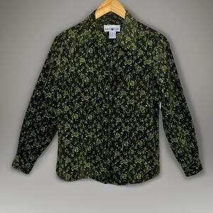 White Stag Green Button-Up Shirt Floral Corduroy Cottage Fall Rose Flowers -Sz M